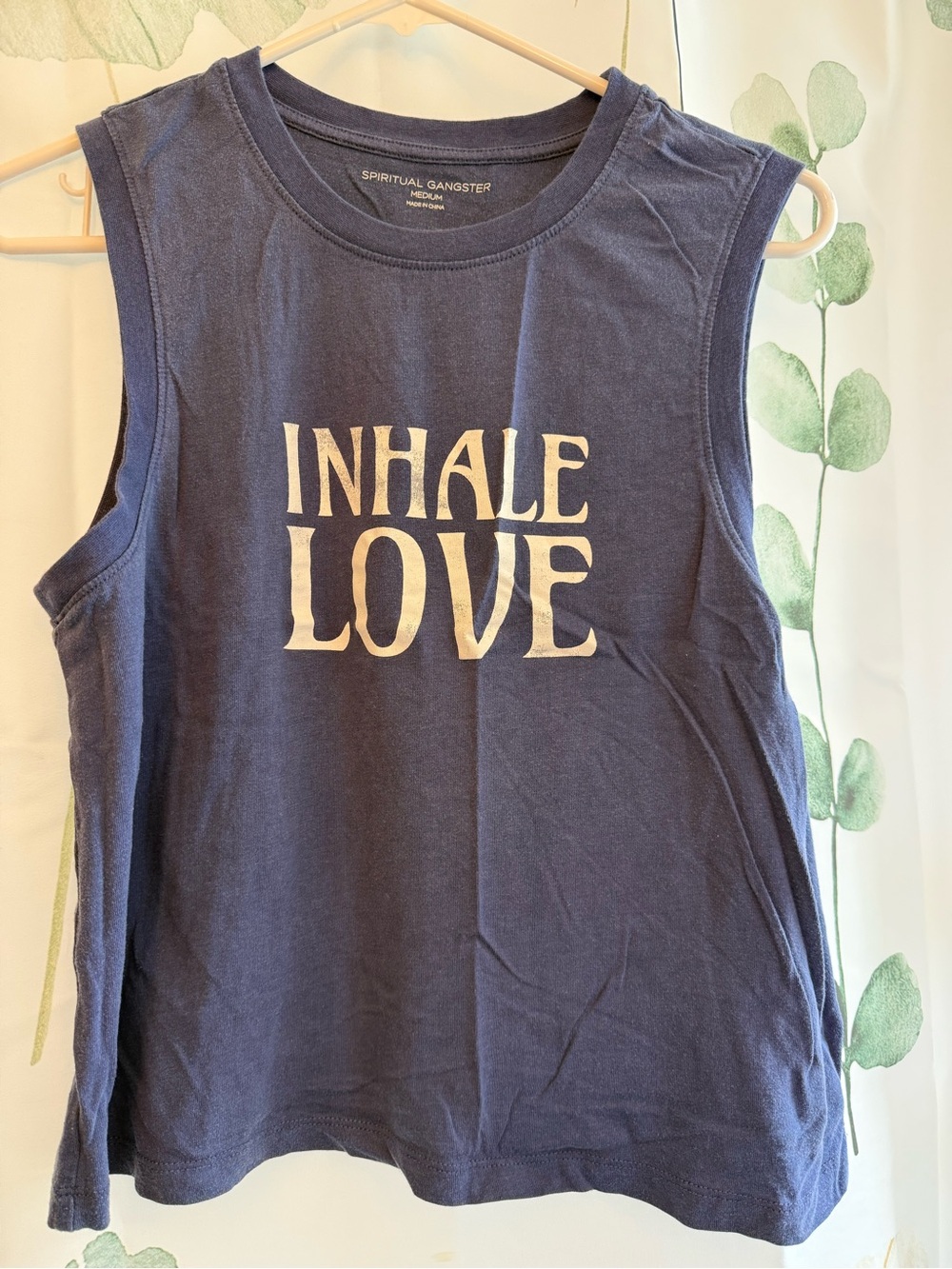Spiritual Gangster Navy Muscle Tee with Cream "Inhale Love" Print